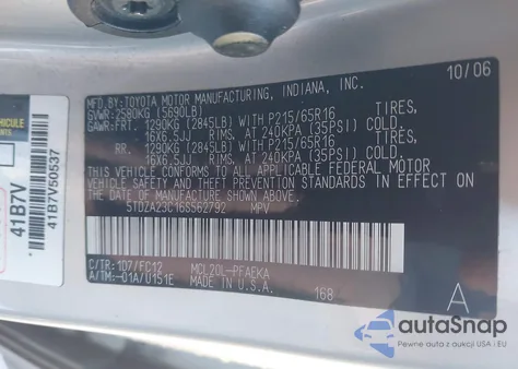 2006 Toyota Sienna Le z USA, uszkodzony, nr VIN 5TDZA23C16S562792